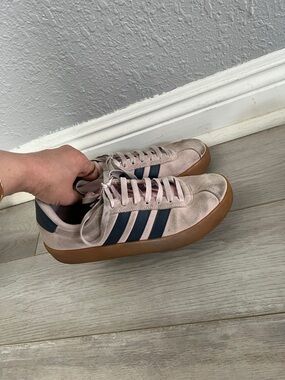 adidas Women’s Pink Suede Sneakers with Navy Stripes and Gum Sole